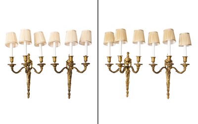 Lot 229 - Set of Four Louis XVI Style Gilt Bronze Three Light Sconces