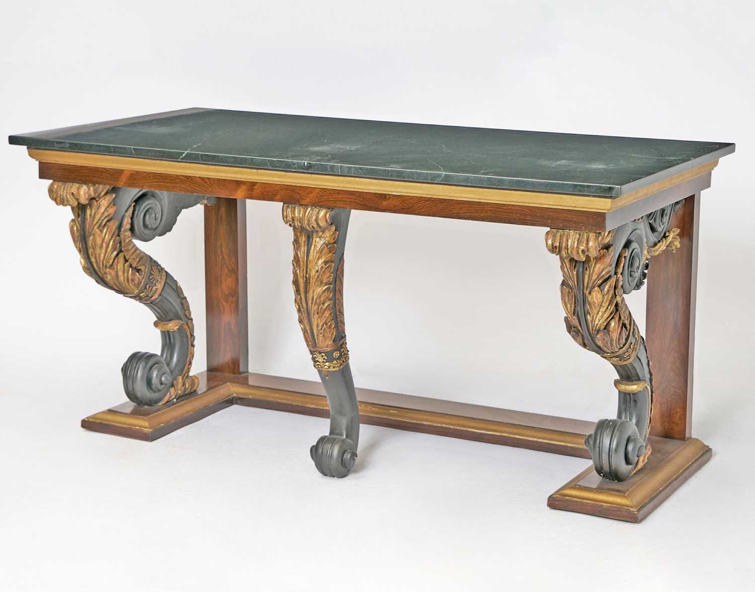 Lot 92 - Large Continental Neoclassical Parcel-Gilt and Ebonized Marble Top Rosewood Console