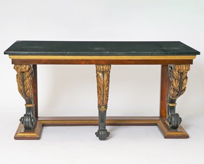 Lot 92 - Large Continental Neoclassical Parcel-Gilt and Ebonized Marble Top Rosewood Console