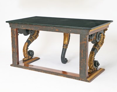 Lot 92 - Large Continental Neoclassical Parcel-Gilt and Ebonized Marble Top Rosewood Console