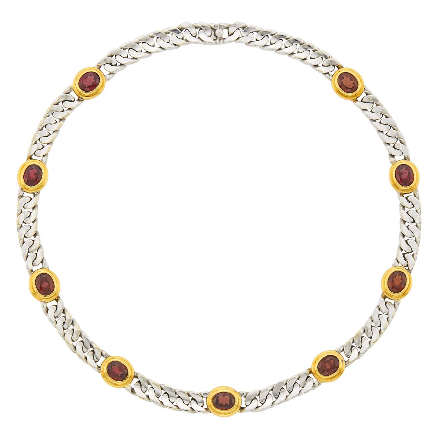 Lot 68 - Bulgari White Gold, Gold and Garnet Curb Link Chain Necklace