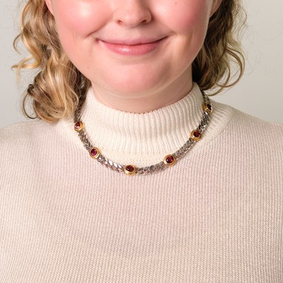 Lot 68 - Bulgari White Gold, Gold and Garnet Curb Link Chain Necklace