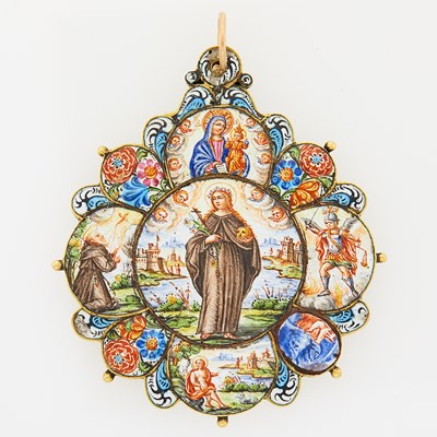 Lot 2093 - Gold and Painted Enamel Porcelain Religious Pendant