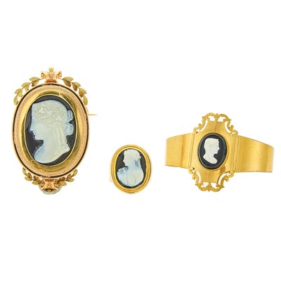 Lot 2116 - Gold and Cameo Bangle Bracelet, Ring and Pendant-Brooch