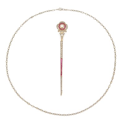 Lot 2166 - Platinum, Gold, Ruby, Cultured Pearl and Diamond Bar Brooch with Platinum and Diamond Chain Necklace