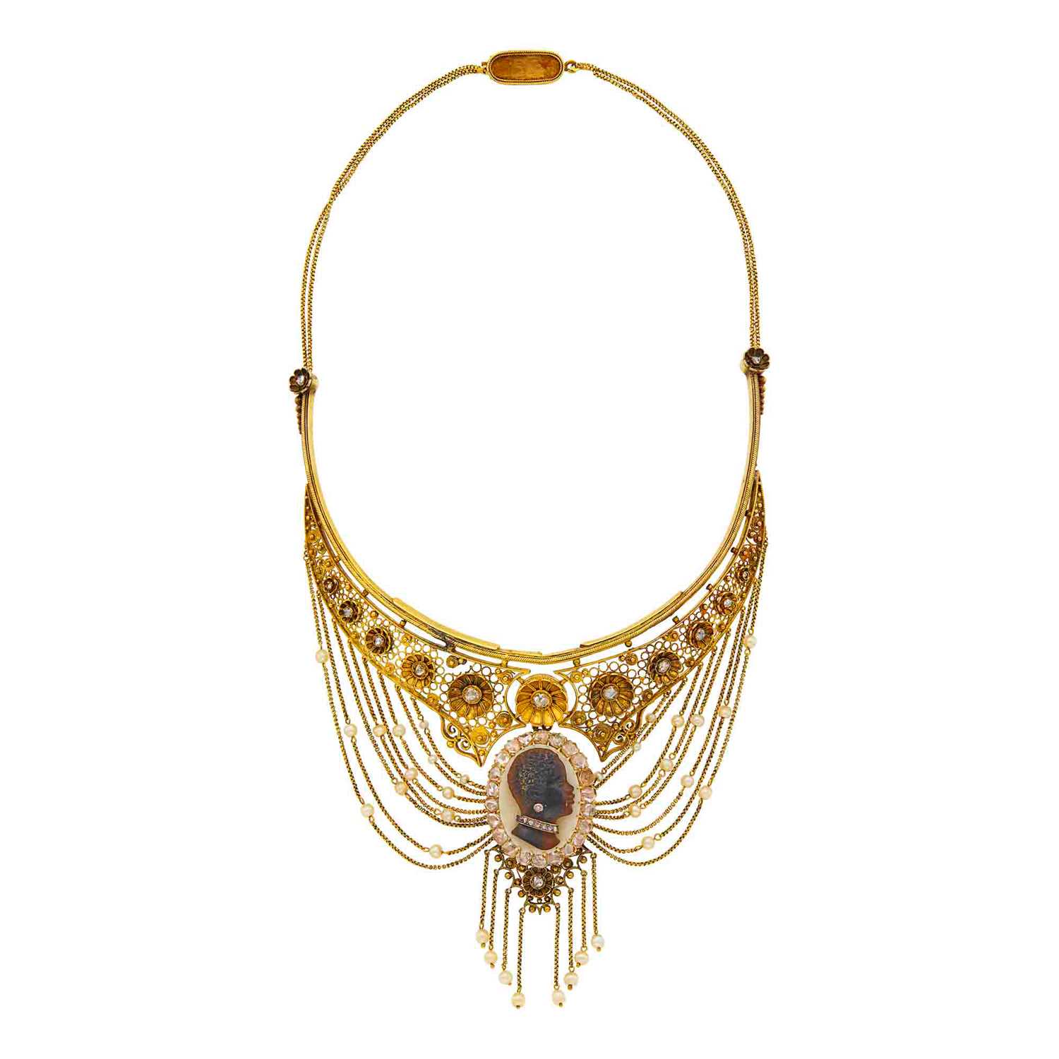 Lot 1092 - Antique Gold, Hardstone Cameo, Diamond and Seed Pearl Swag Necklace