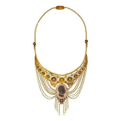 Lot 1092 - Antique Gold, Hardstone Cameo, Diamond and Seed Pearl Swag Necklace