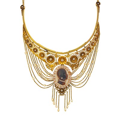 Lot 1092 - Antique Gold, Hardstone Cameo, Diamond and Seed Pearl Swag Necklace