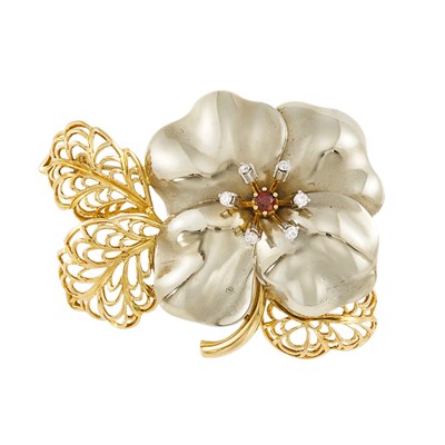 Lot 1221 - Two-Color Gold, Diamond and Ruby Flower Brooch
