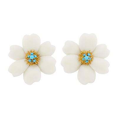 Lot 130 - Pair of Gold, White Coral and Turquoise Flower Earclips, France