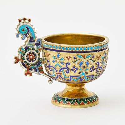 Lot 724 - Russian Silver-Gilt and Cloisonné Enamel Vodka Set
