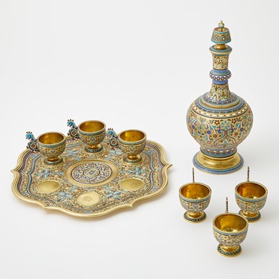 Lot 724 - Russian Silver-Gilt and Cloisonné Enamel Vodka Set