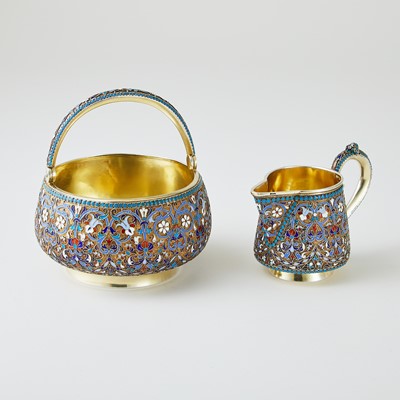 Lot 720 - Russian Silver-Gilt and Cloisonné Enamel Sugar Bowl and Cream Jug
