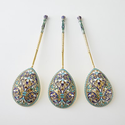 Lot 728 - Set of Three Russian Silver-Gilt and Cloisonné Enamel Spoons