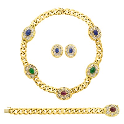 Lot 1125 - Gold, Cabochon Colored Stone and Diamond Curb Link Necklace, Bracelet and Pair of Earrings