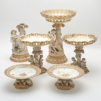 Lot 150 - Assembled English Gilt-Decorated Porcelain Six-Piece Figural Table Garniture