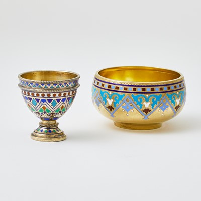 Lot 716 - Two Russian Silver and Champlevé Enamel Articles