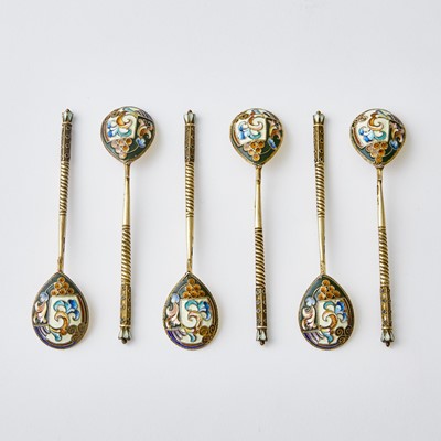 Lot 694 - Set of Six Russian Silver-Gilt and Cloisonné Enamel Spoons