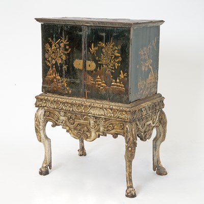 Lot 184 - Black Lacquer Chinoiserie Decorated Cabinet on Carved Wood Stand