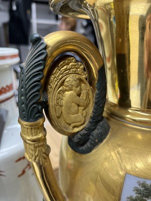 Lot 253 - Pair of Continental Gilt-Decorated Porcelain Two-Handled Vases