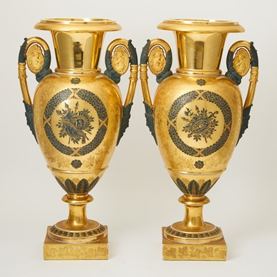 Lot 253 - Pair of Continental Gilt-Decorated Porcelain Two-Handled Vases