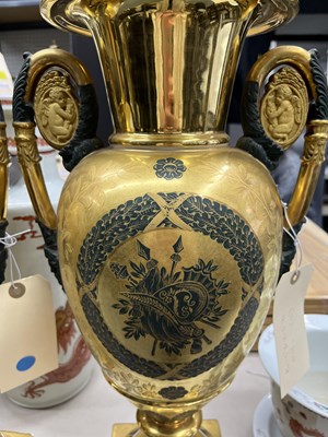 Lot 253 - Pair of Continental Gilt-Decorated Porcelain Two-Handled Vases