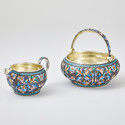 Lot 603 - Russian Silver-Gilt and Cloisonné Enamel Sugar Bowl and Cream Jug