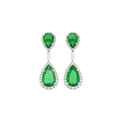 Lot 1159 - Pair of White Gold, Emerald and Diamond Pendant-Earrings