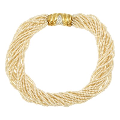 Lot 2025 - Seventeen Strand Freshwater Pearl Torsade Necklace with Gold and Diamond Clasp