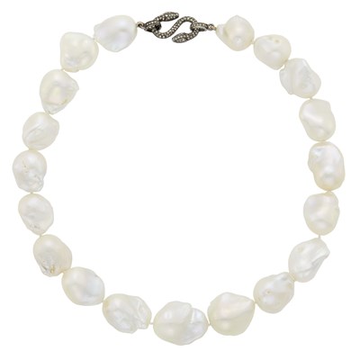 Lot 2037 - Baroque Cultured Pearl Necklace with Silver and Diamond Snake Clasp