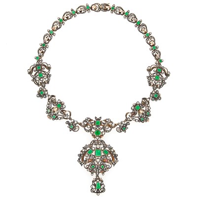 Lot 2152 - Gold, Silver, Emerald and Diamond Pendant-Brooch Necklace