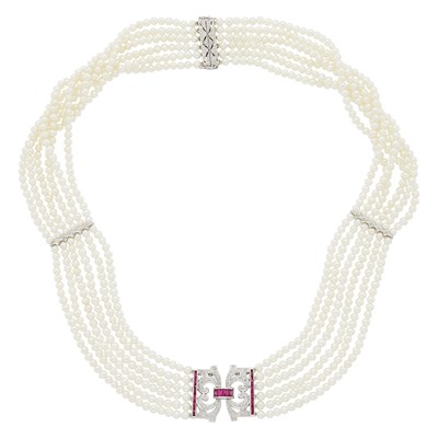 Lot 2176 - Six Strand Freshwater Pearl, White Gold, Ruby and Diamond Necklace