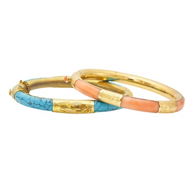Lot 2090 - Two Gold, Coral and Turquoise Bangle Bracelets