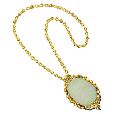 Lot 1119 - Long Gold, Opal, Diamond and Sapphire  Pendant Chain Necklace