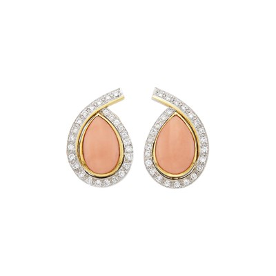 Lot 1111 - Pair of Two-Color Gold, Angel Skin Coral and Diamond Earrings