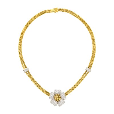 Lot 1146 - Double Strand Two-Color Gold, Colored Diamond and Diamond Flower Enhancer-Brooch Necklace