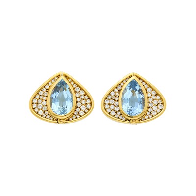 Lot 37 - Marina B Pair of Reversible Gold, Aquamarine, Diamond and Black Onyx Earclips, France
