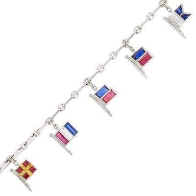 Lot 146 - Cartier White Gold, Platinum, Colored Stone and Diamond Yacht Flag Charm Bracelet