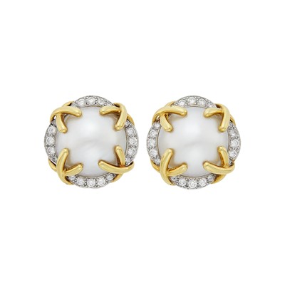 Lot 36 - Verdura Pair of Gold, Platinum, Mabé Pearl and Diamond Earclips