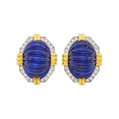 Lot 92 - David Webb Pair of Gold, Platinum, Carved Lapis and Diamond Earrings