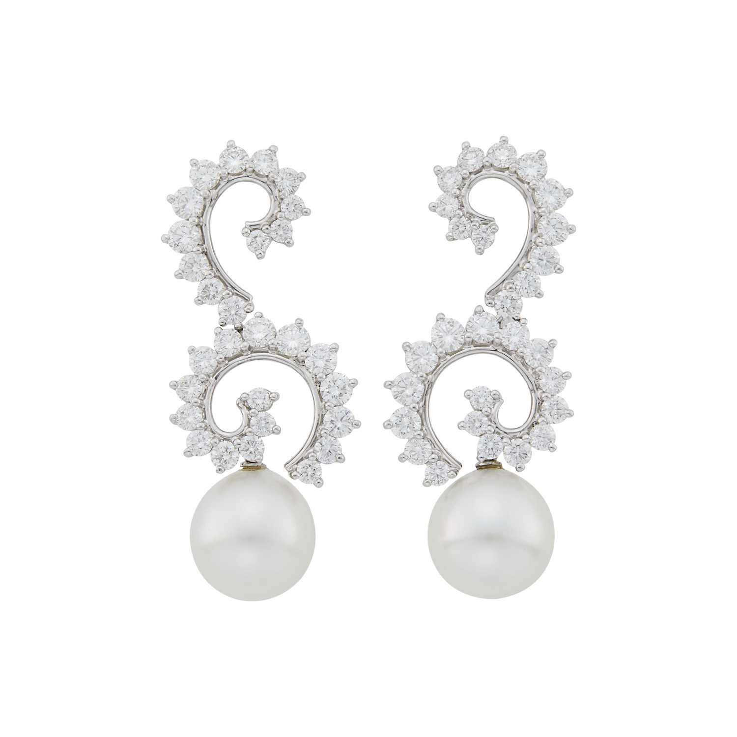 Lot 1061 - Angela Cummings for Assael Pair of Platinum, White Gold, South Sea Cultured Pearl and Diamond Pendant-Earclips