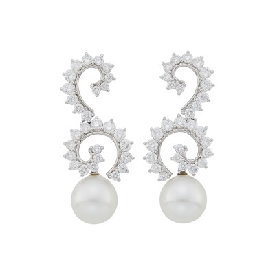 Lot 1061 - Angela Cummings for Assael Pair of Platinum, White Gold, South Sea Cultured Pearl and Diamond Pendant-Earclips