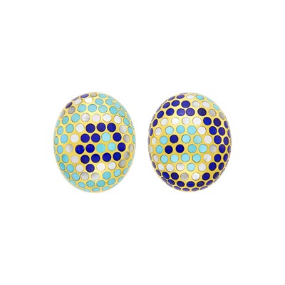 Lot 86 - Angela Cummings Pair of Gold, Turquoise, Lapis and Mother-of-Pearl Earclips