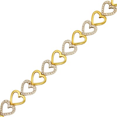 Lot 1035 - Two-Color Gold and Diamond Heart Link Bracelet