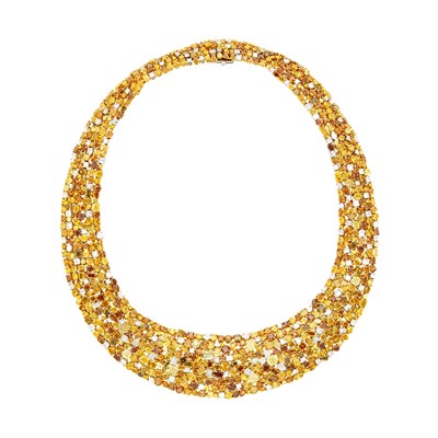 Lot 137 - Oscar Heyman Brothers Gold, Platinum Fancy Colored Diamond and Diamond Bib Necklace
