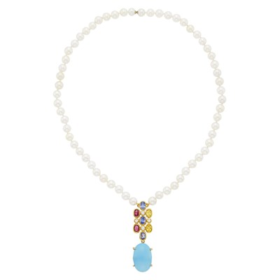 Lot 2087 - Gold, Cultured Pearl and Gem-Set Pendant Necklace