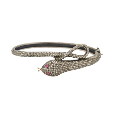 Lot 2082 - Oxidized Silver, Gold, Diamond and Ruby Snake Bangle Bracelet