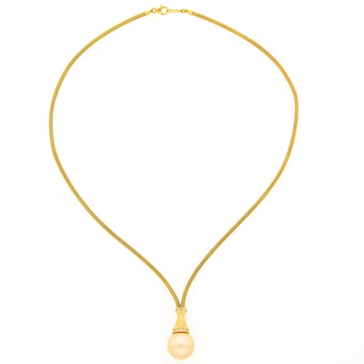 Lot 2264 - Gold, Golden Cultured Pearl and Diamond Pendant-Necklace