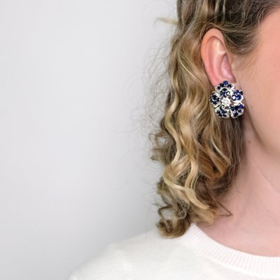Lot 1065 - Pair of White Gold, Sapphire and Diamond Flower Earrings