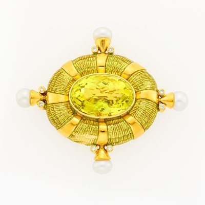Lot 2026 - Gold, Lemon Quartz, Enamel, Cultured Pearl and Diamond Brooch